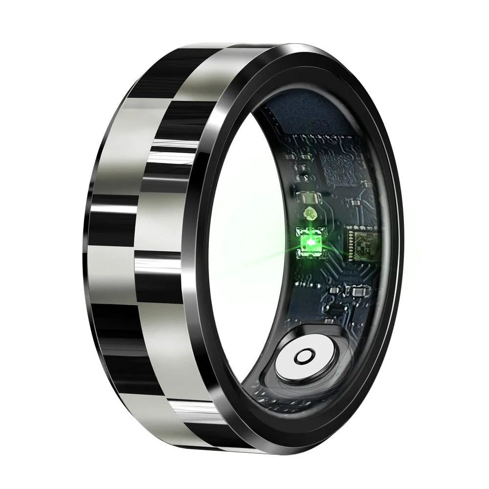 R9 Smart Ring with charging bin in black ribbon style showing health monitoring features