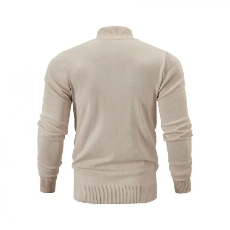 Men's stand collar zip cardigan in cotton fabric showing loose fit and full-length zip