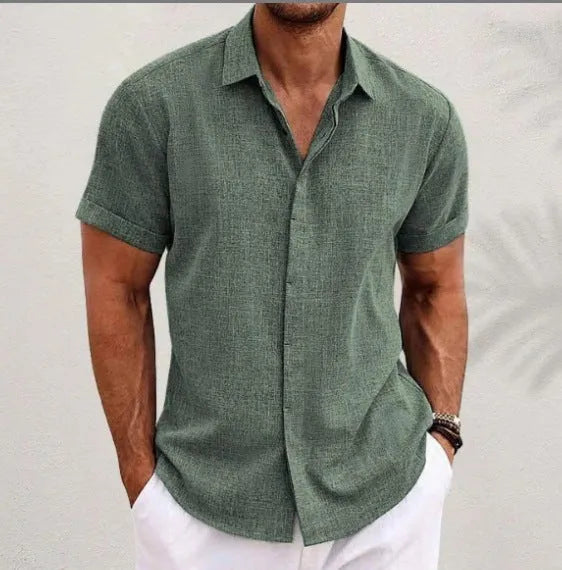 Men's light grey loose fit lapel cardigan with long sleeves on a hanger.