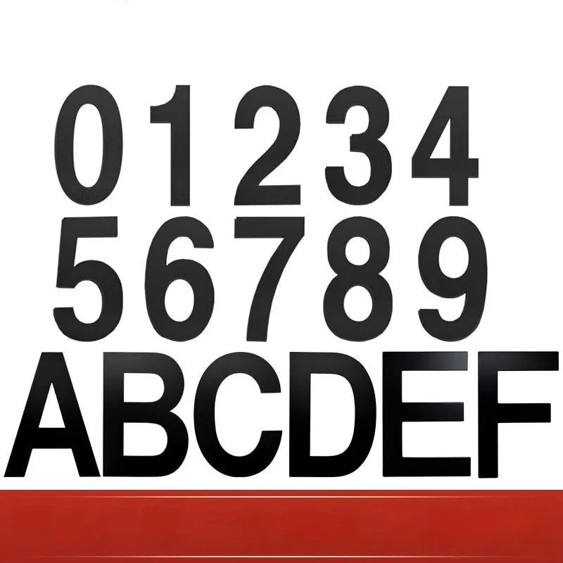 Black stainless steel sticky house numbers showing 7.5cm characters including letters and numbers