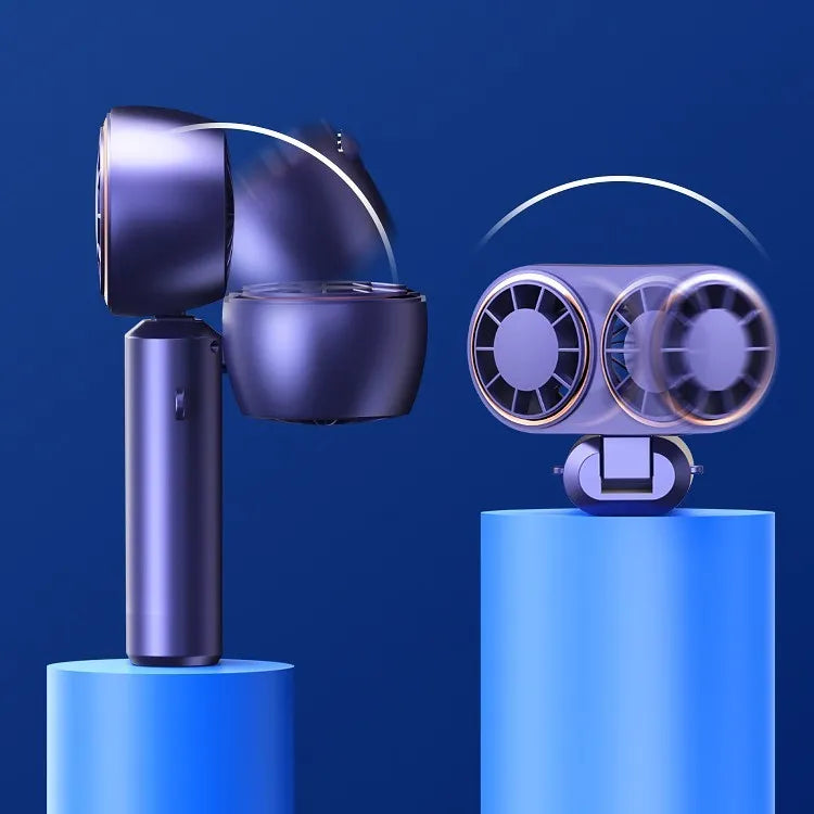 USB handheld mini fan folded showing digital display, available in milky white, pink, and dark blue colours