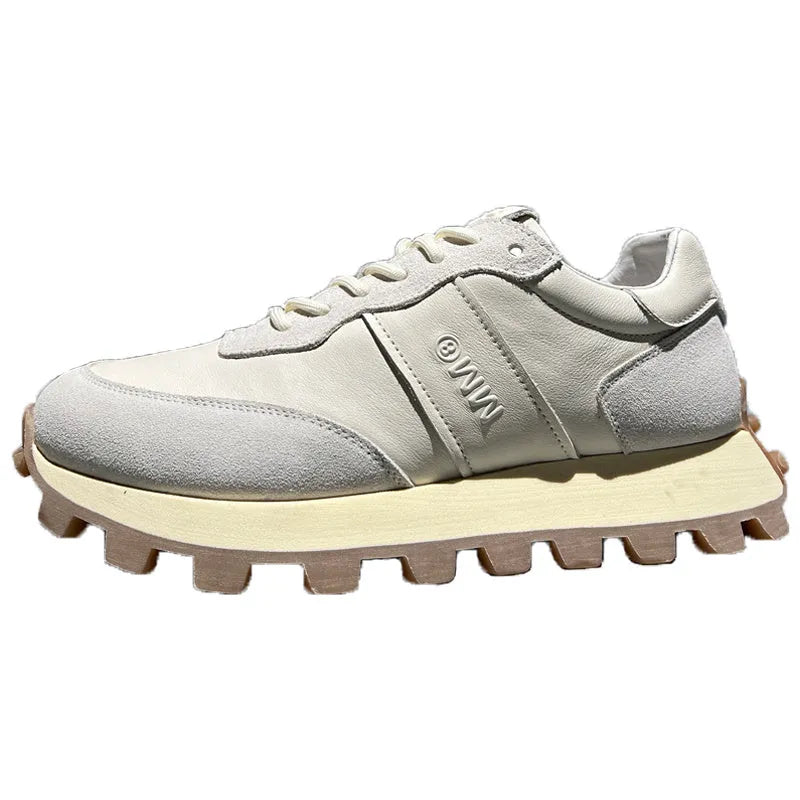Mens lace-up leather sports shoes with thick rubber foam sole and heightening heel, black or white, sizes 38-43