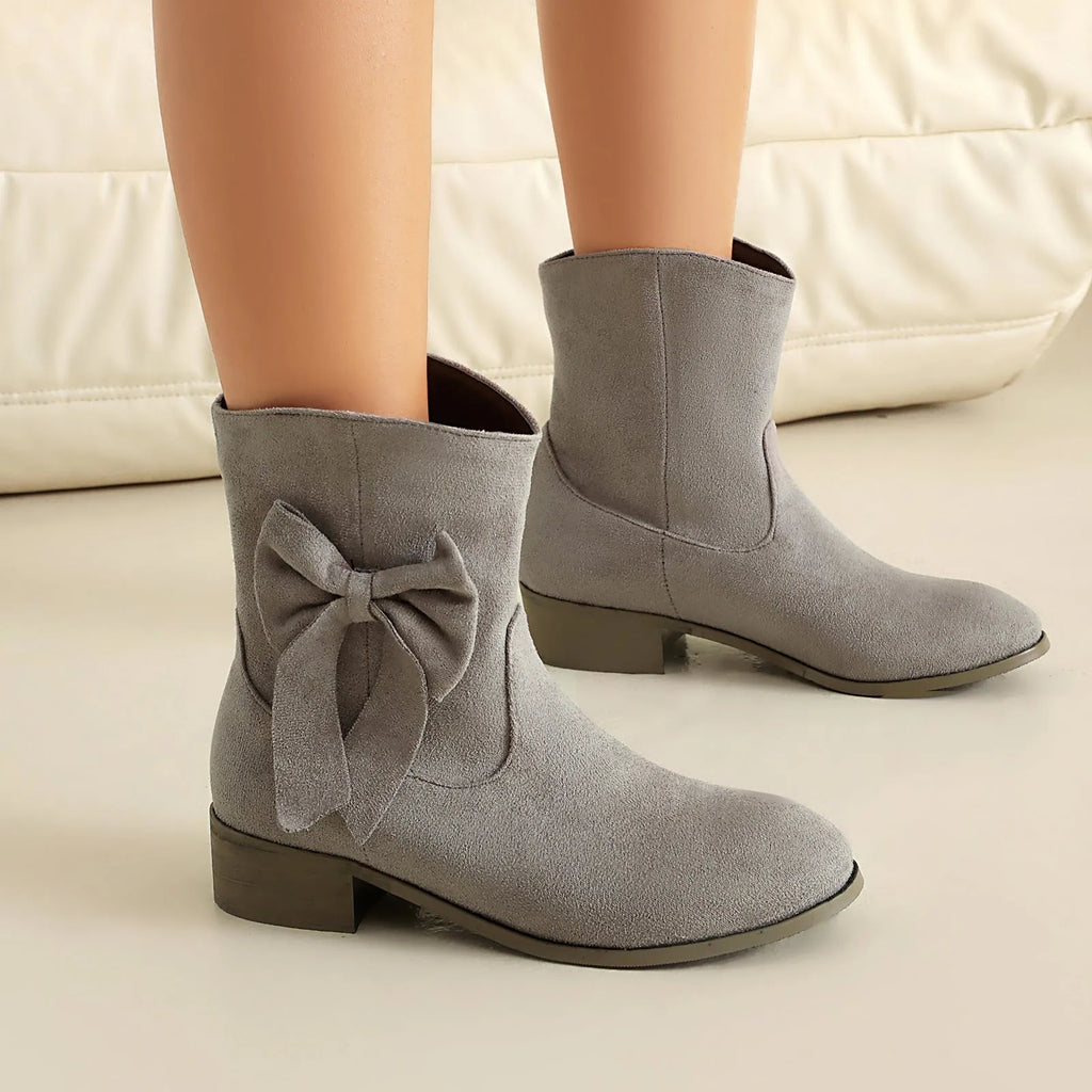 Low heel suede sweet bow casual boots for women, square heel, round toe, available in multiple colours