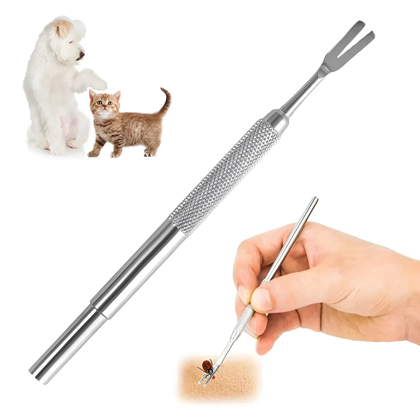 Silver stainless steel tick removal tweezers for cats and dogs with locking mechanism