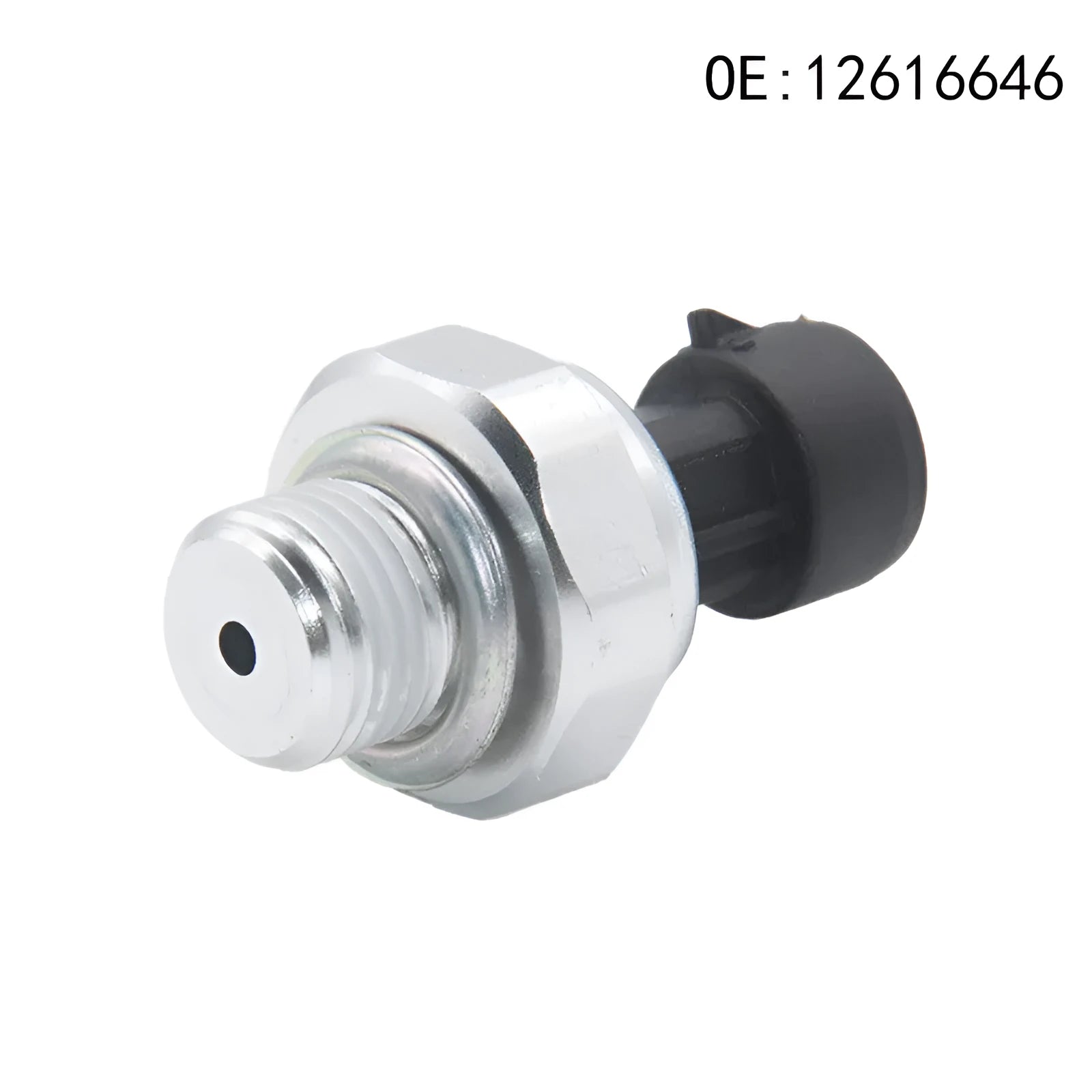 Silver metal fuel pressure sensor for automotive applications with model numbers displayed