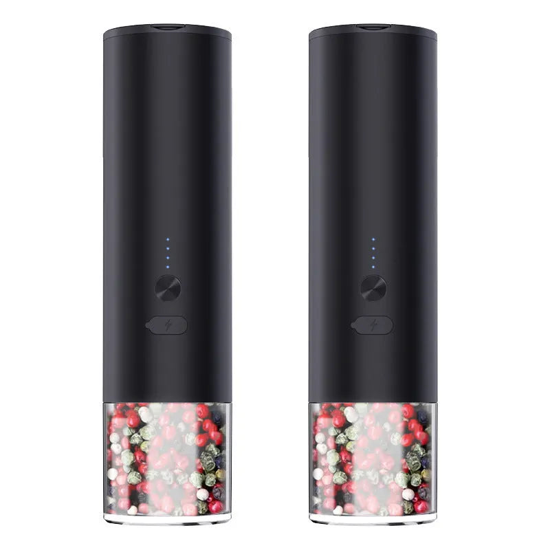 Electric salt and pepper grinder set with clear glass jar and stainless steel top