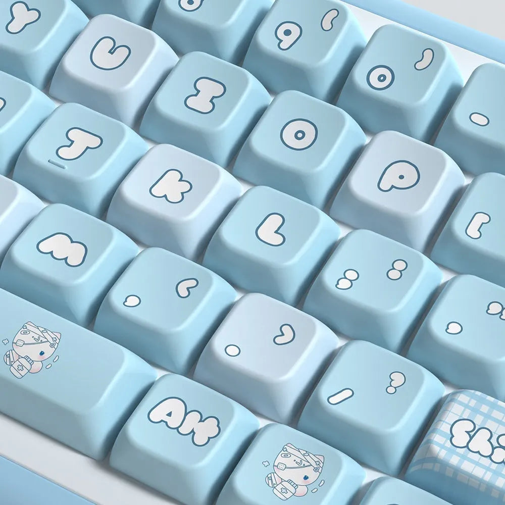 Custom watercolour kitten design PBT keycap set for mechanical keyboards, showing 138-key or 158-key full layout.
