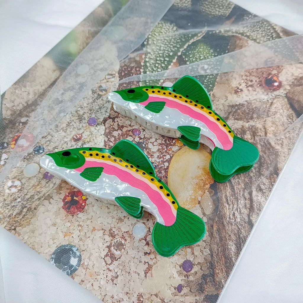 Dark green PVC hair clip with printed rainbow trout marine design