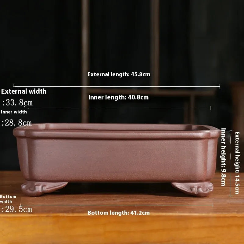 Rectangular antique-style purple sand flowerpot for bonsai, shown on a floor.