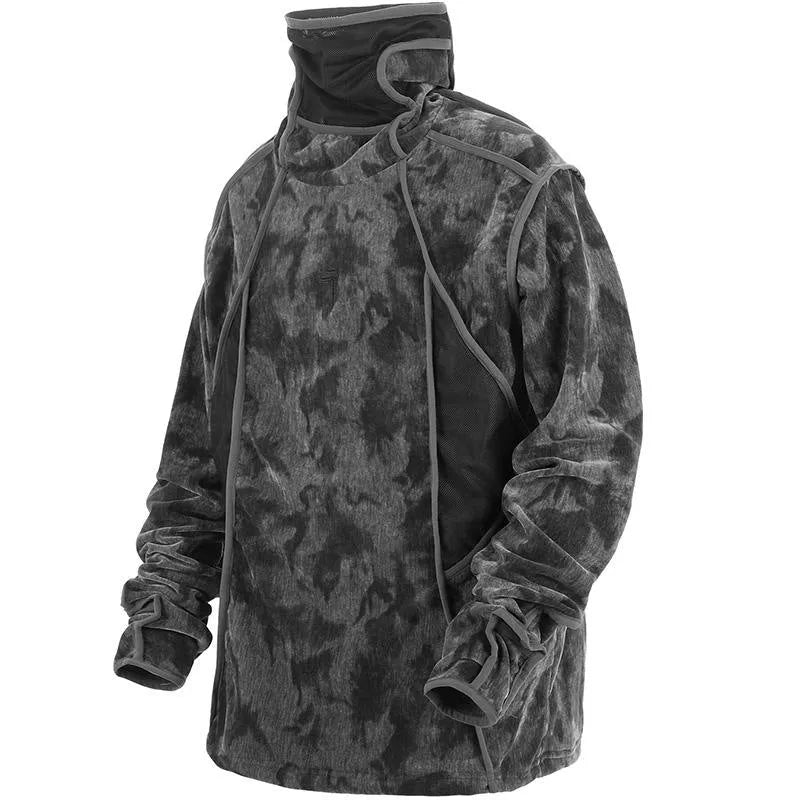 Men's black and grey tie-dye printed pullover sweater with drop-shoulder sleeves and loose casual fit