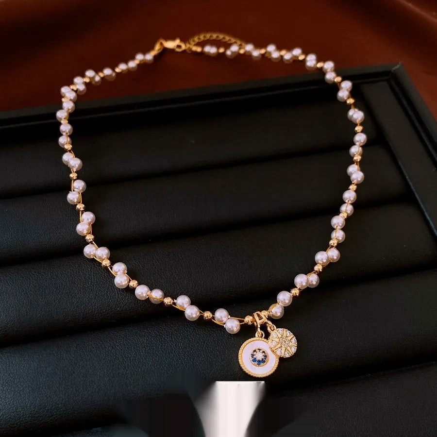 Gold electroplated women's necklace with zircon stones and round imitation pearl pendant on adjustable 41-50cm chain