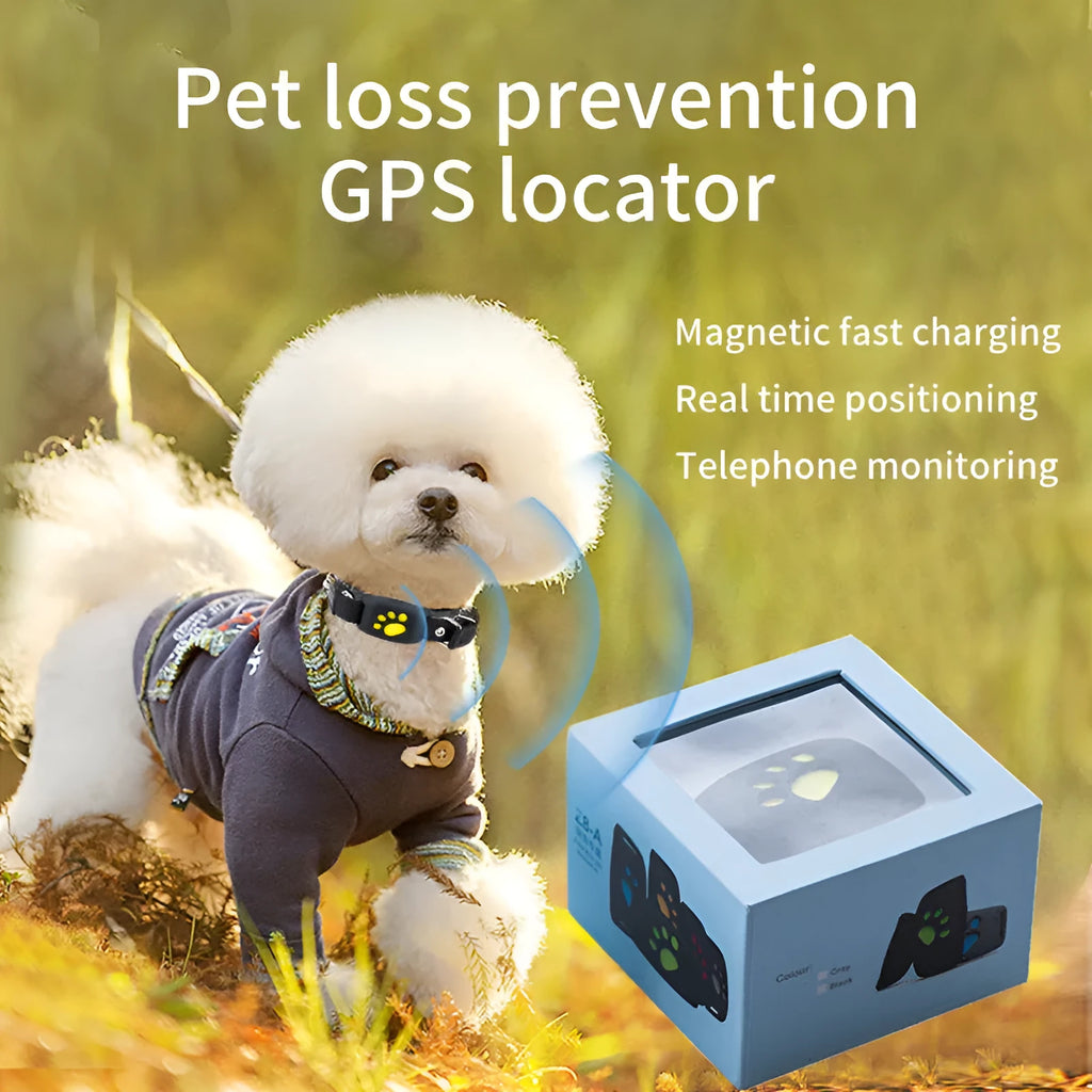 Waterproof GPS pet tracker in black, sky blue, pink, or green grass colours, showing compact 65.5mm size.