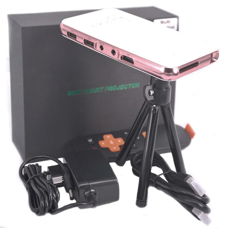 White and rose gold M6S miniature portable Android smart projector with compact design.