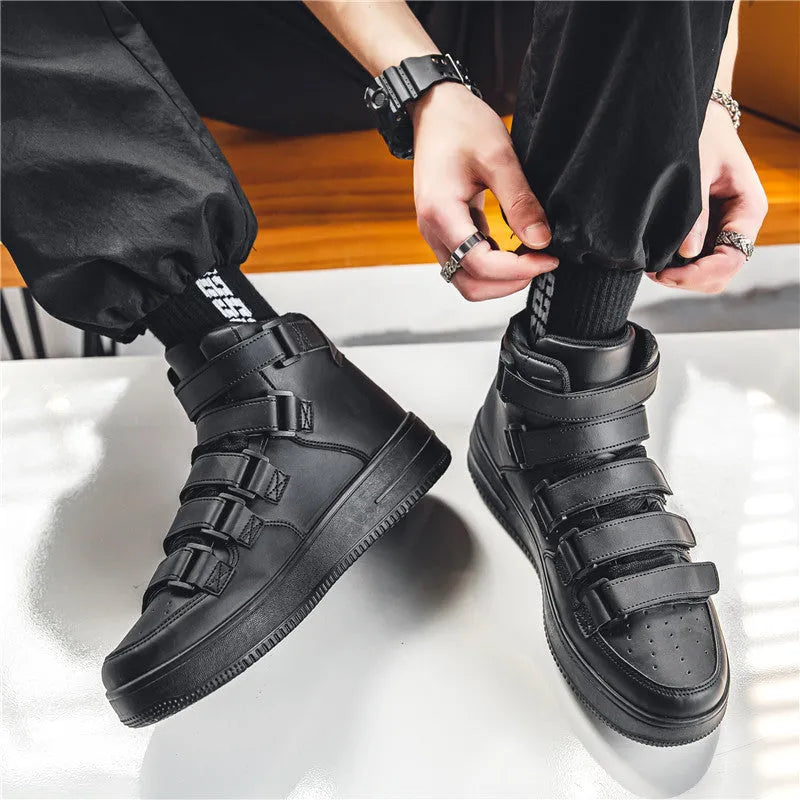 Spring men's high-top board shoes in white with Velcro strap and platform sole side view