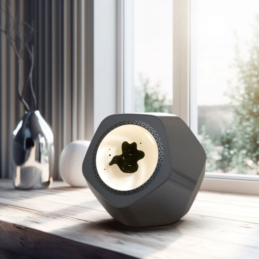 Floating magnetic fluid Bluetooth speaker in silver gray on a desktop, with magnetic fluid swirling inside the chamber