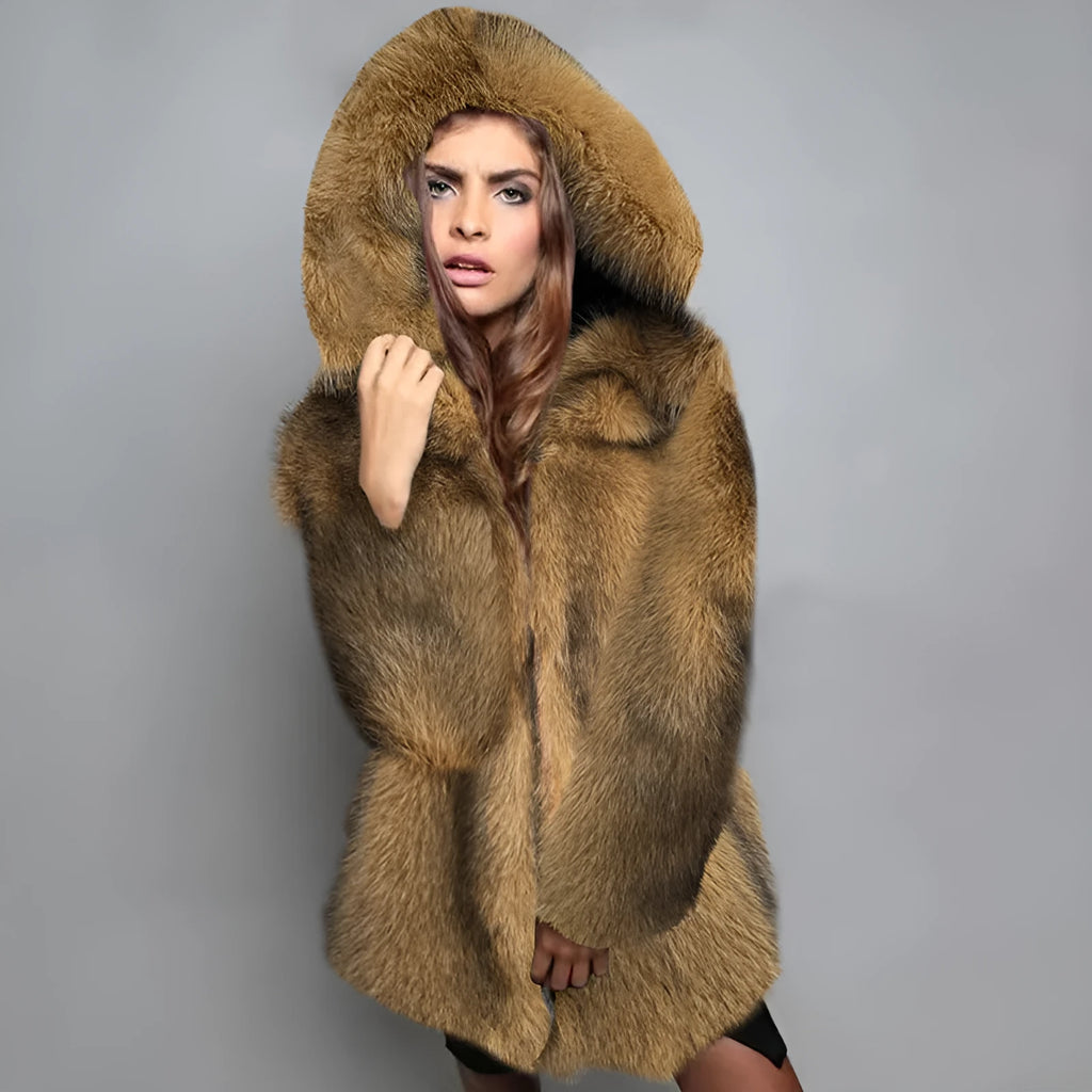 A silver grey loose-fitting mid-length artificial fur coat for women on a hanger.
