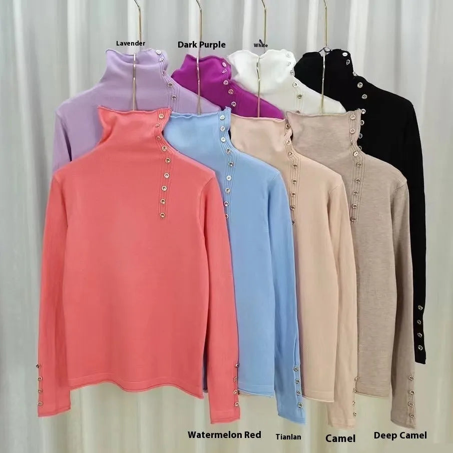 Slim fit knitted pullover bottoming shirt in core-spun yarn fabric with 3D pattern, shown in multiple colour options