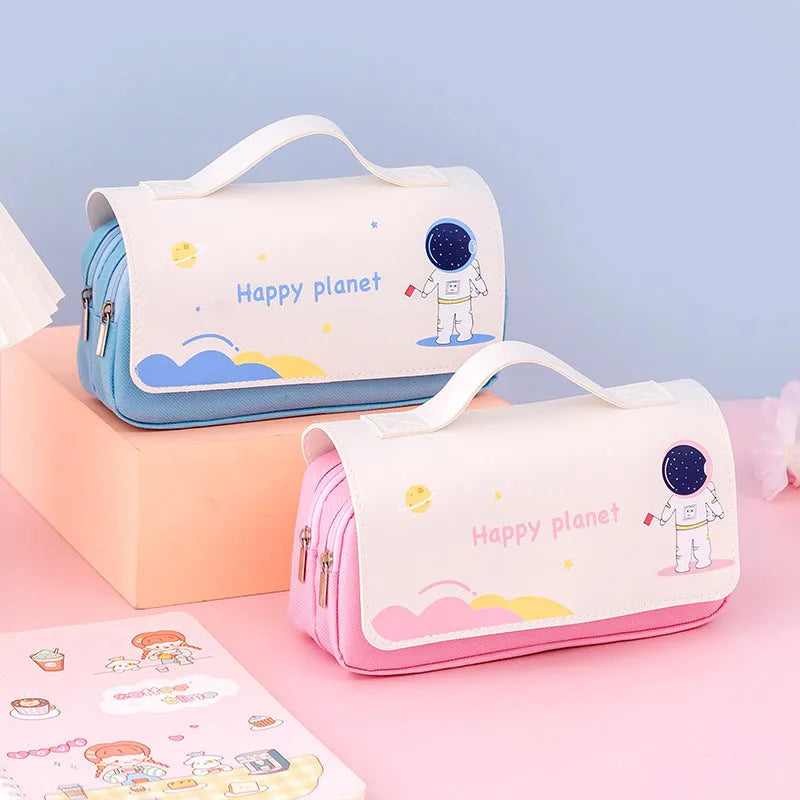 Large-capacity canvas pencil case with hand-painted planet pattern in blue