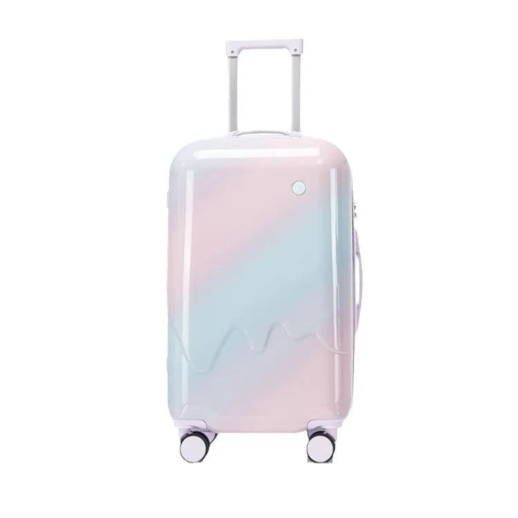 Gradient luggage trolley case with USB water cup holder in solid colour finish on a white background