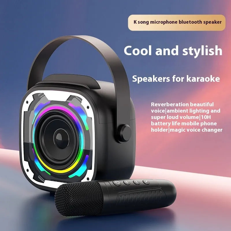 Portable wireless Bluetooth karaoke speaker in black, white, pink, or yellow colour