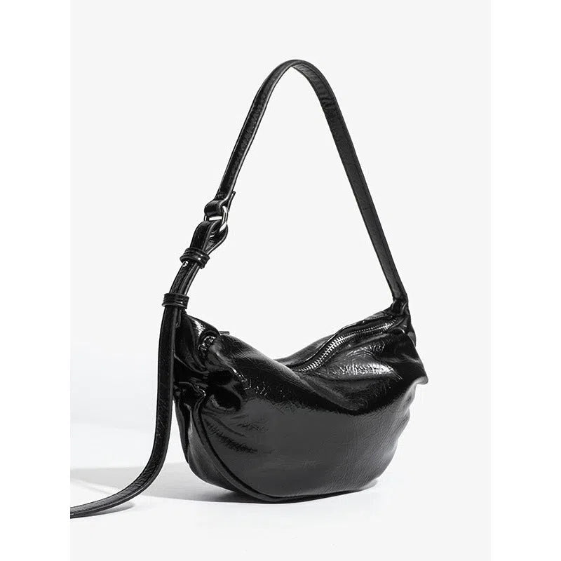 Black PU pleated shoulder bag rock-and-roll style with dumpling shape and outer pocket