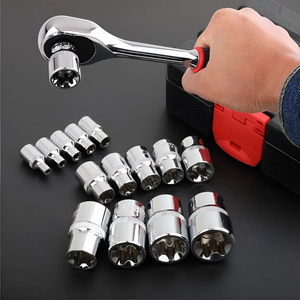 Red box containing a 14-piece chrome vanadium steel E-type socket tool set for auto and mechanical repair.