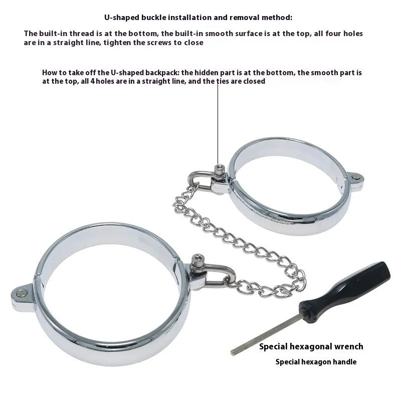 Silver zinc alloy handcuffs and footcuffs with stainless steel bracelet closures for adult restraints