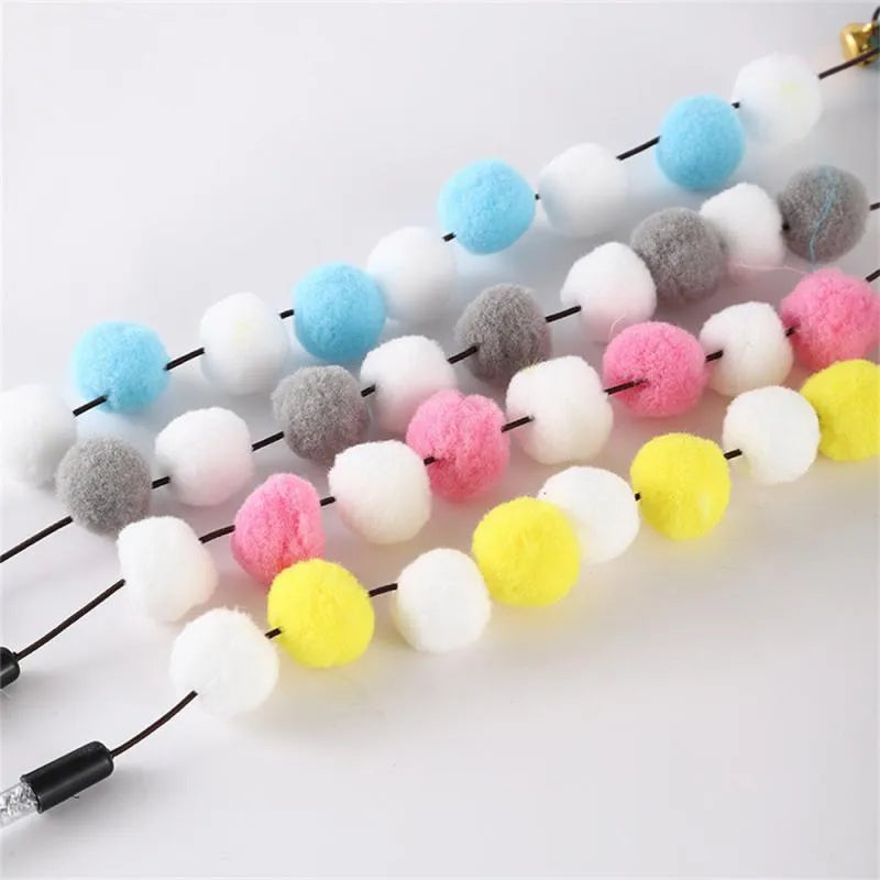 31cm cat teaser rod with bell and coloured pompon feather toys for interactive play