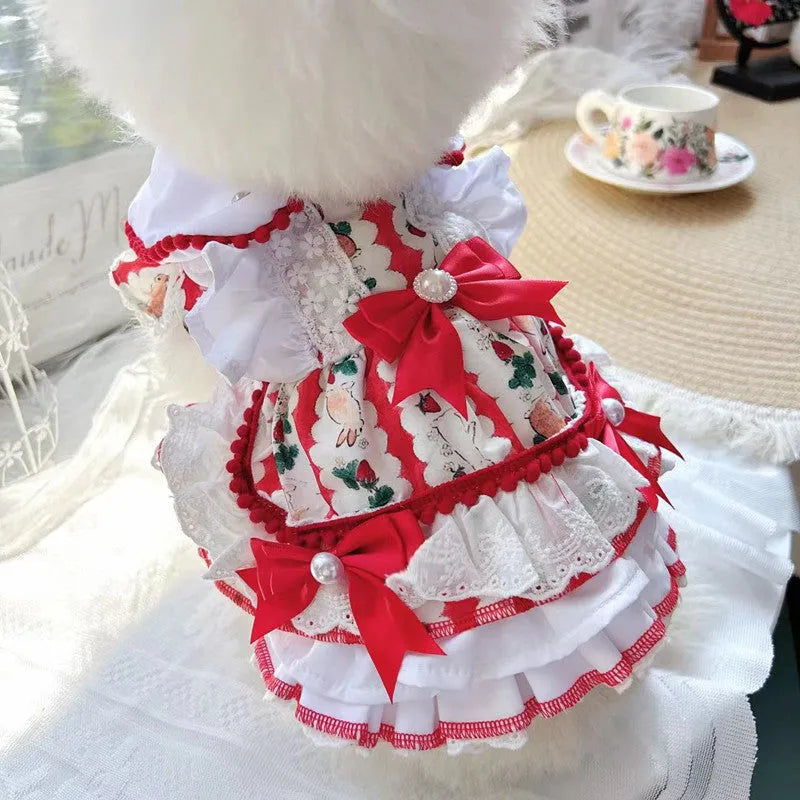 Polyester dog clothing in a rabbit skirt princess style, shown in multiple sizes for small pets.