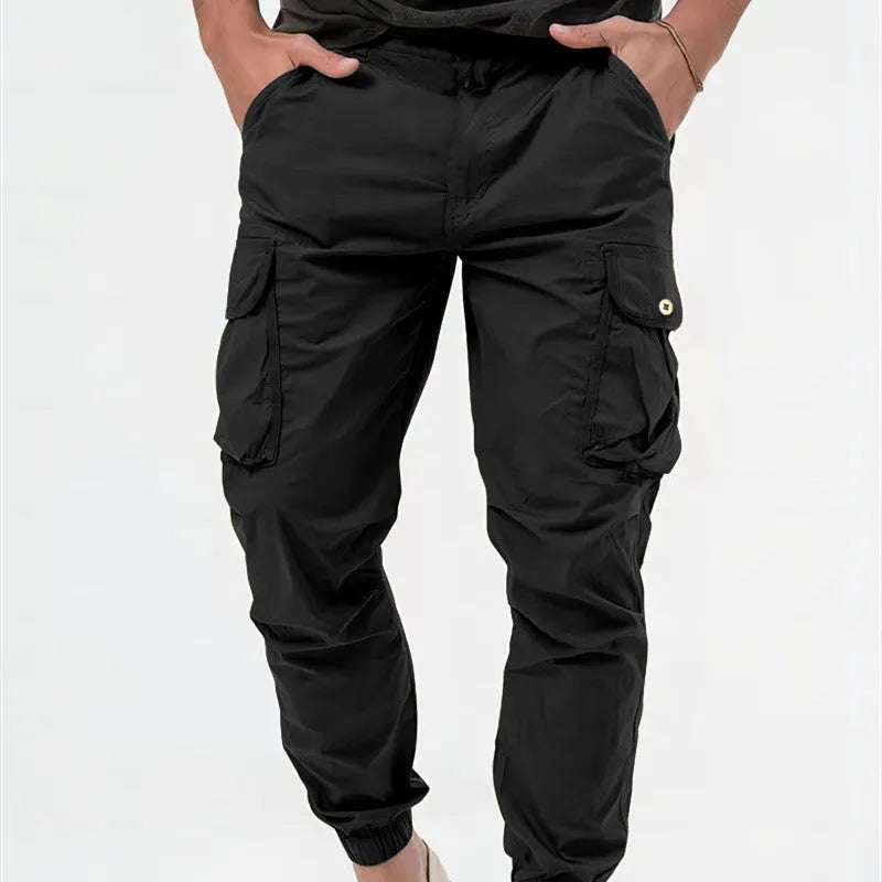 Men's cargo trousers with three-dimensional pockets and zip decoration in grey, khaki, black or military green, sizes S to 3XL