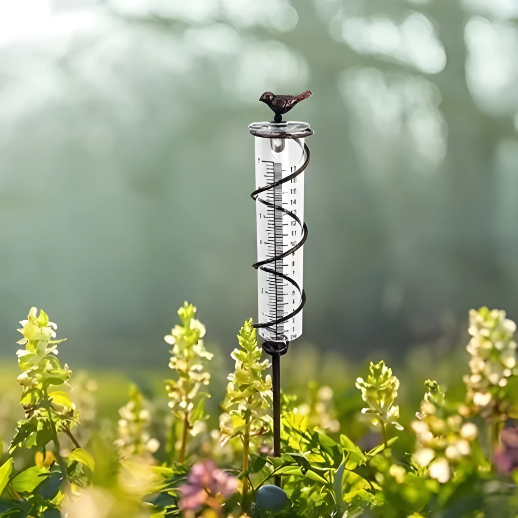 Cast iron garden rain gauge with hummingbird design and glass measurement tube showing 0-800ml capacity