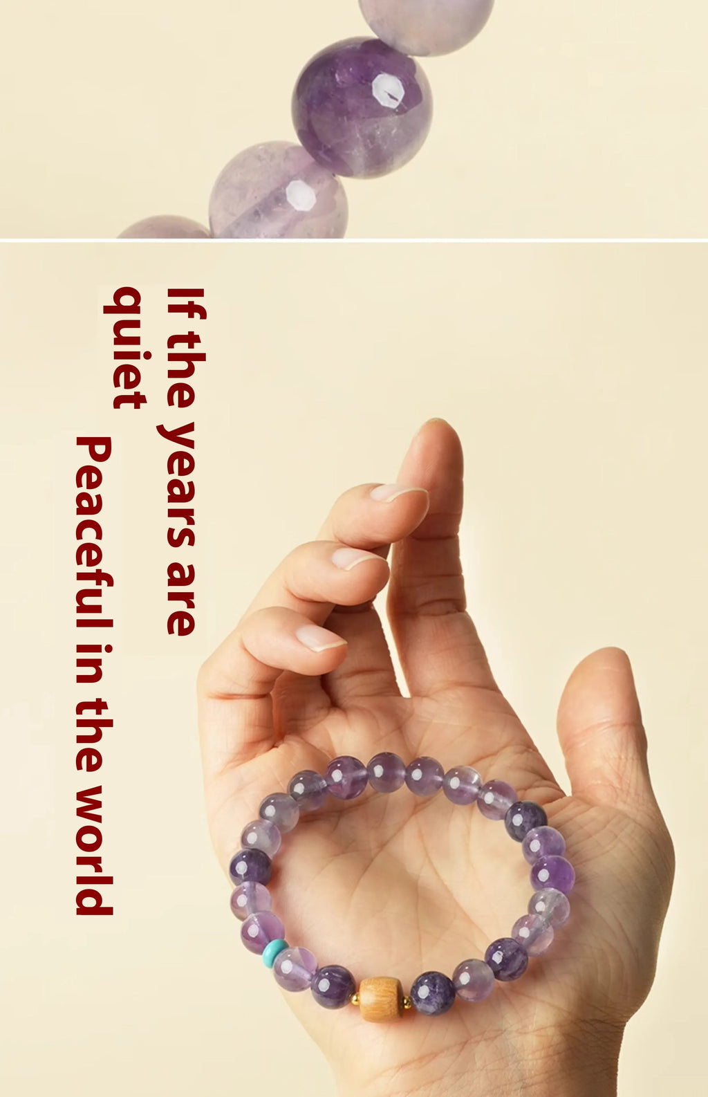 Close-up of a handmade purple amethyst crystal bracelet for women, showing smooth round beads.