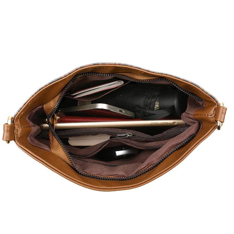 Brown retro messenger bag with multiple compartments and urban simplicity style