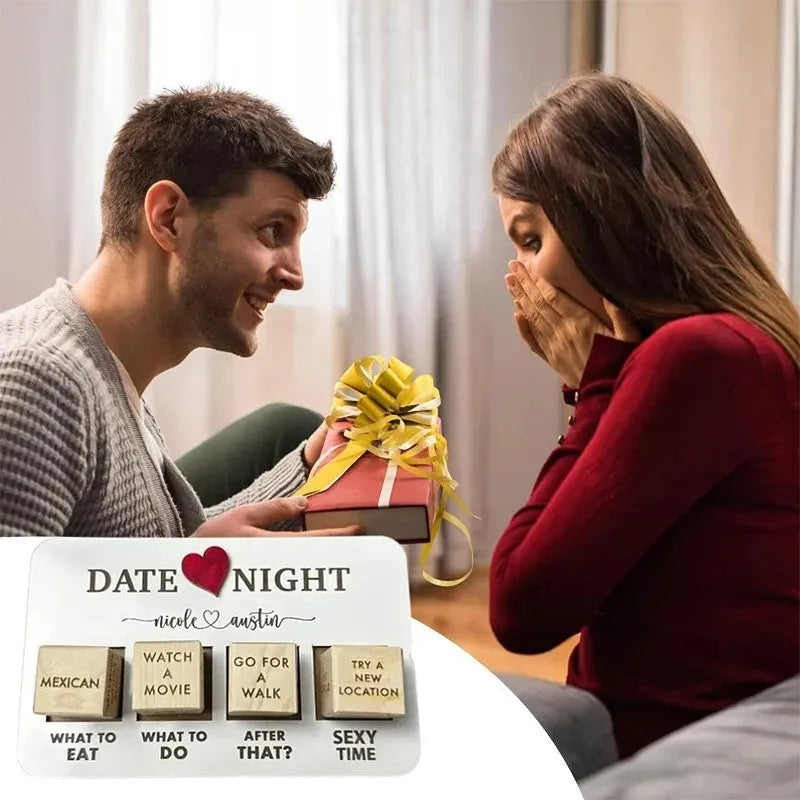 Wooden date night dice set with five natural wood dice, date planner board, and black storage bag for couple games