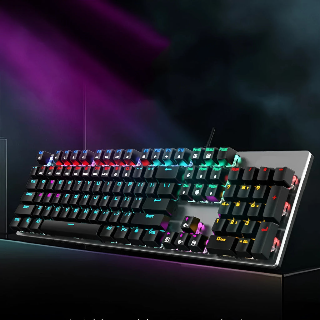 GK410 black metal mechanical keyboard with backlit keys on a desk.