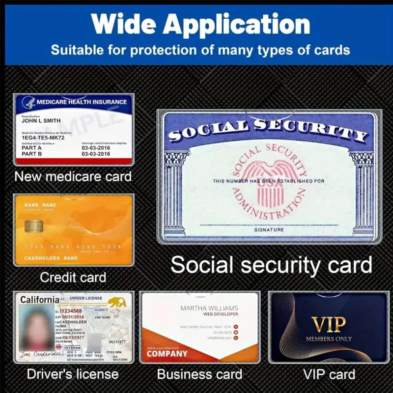 Transparent PVC social security card holder showing 9.7x5.9cm waterproof ID protector