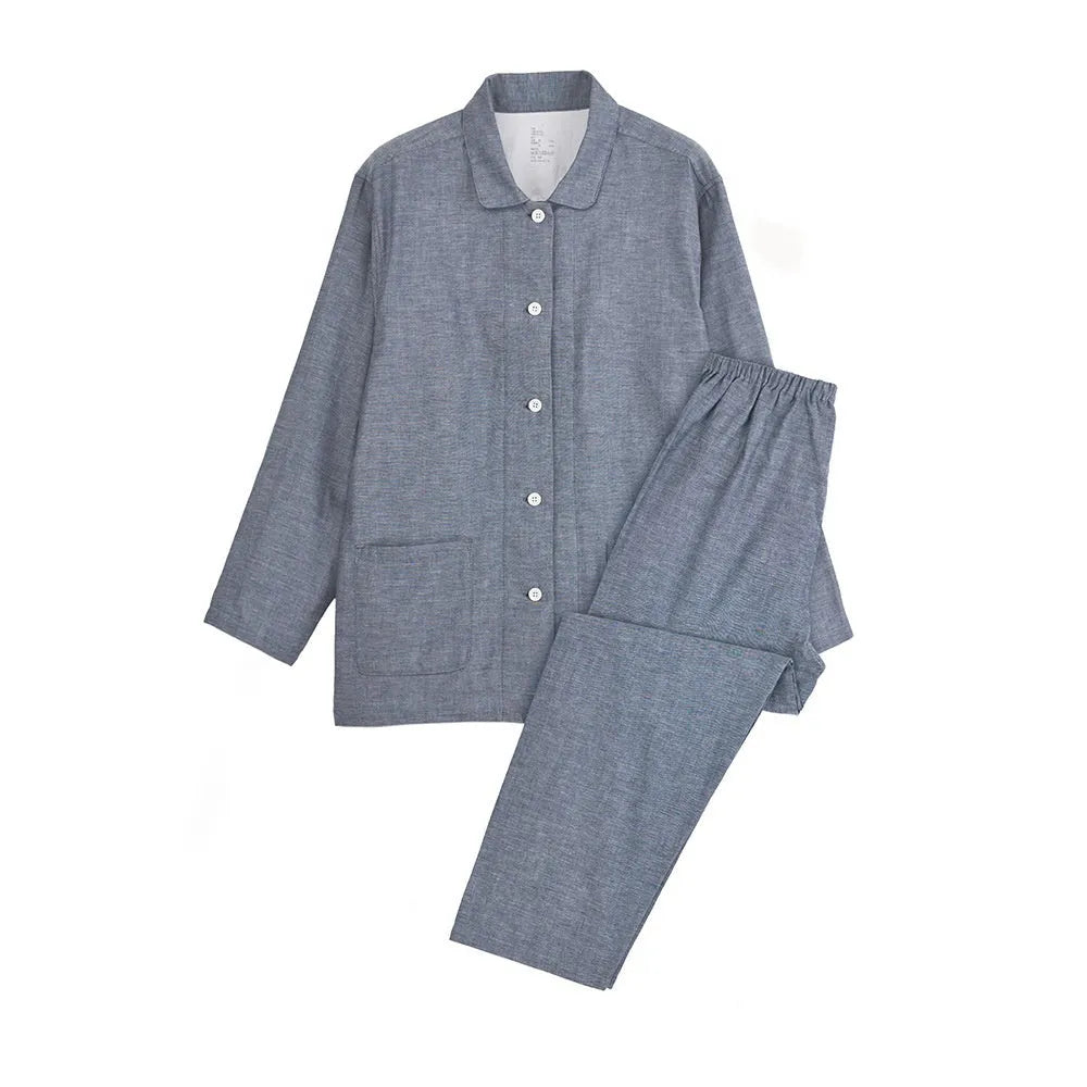 Double-layer cotton yarn pajama set in plaid design for men and women, includes top and trousers in multiple colours