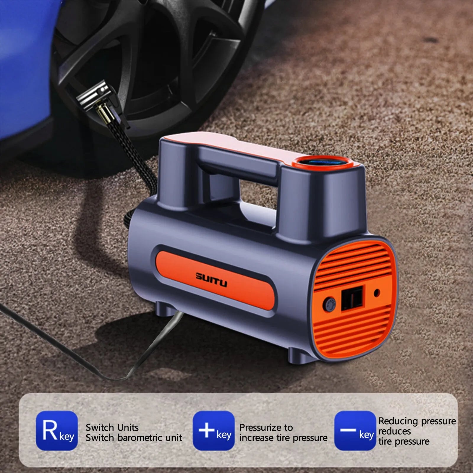 Cordless portable tyre inflator with digital display showing pressure reading
