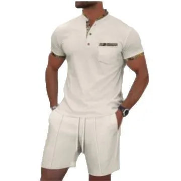Men's waffle texture cotton blend zipper polo short sleeve suit with matching shorts in solid colour