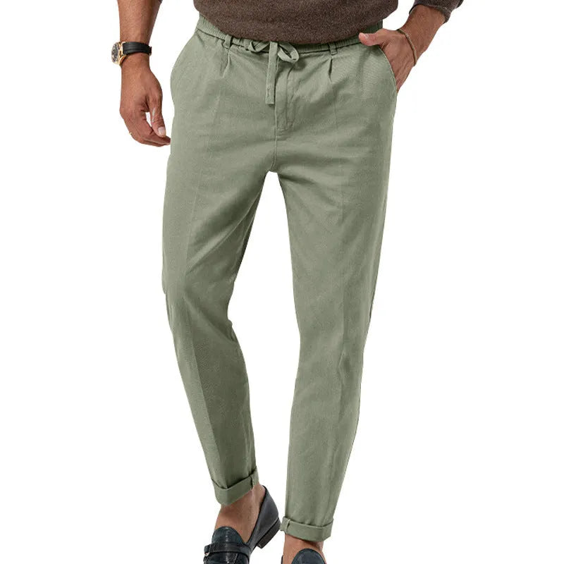 Men's casual drawstring straight leg trousers in cotton blend fabric, high waisted, available in eight colours