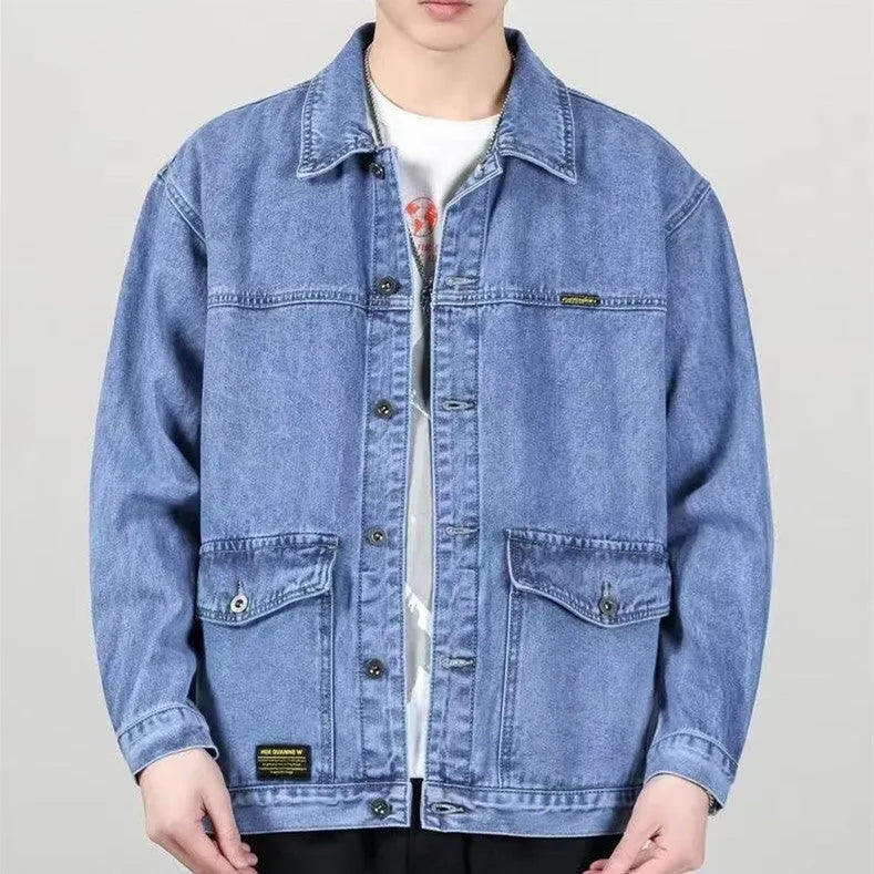 Men's loose fit denim jacket with cotton lining in blue, black, or grey, sizes M to 5XL.
