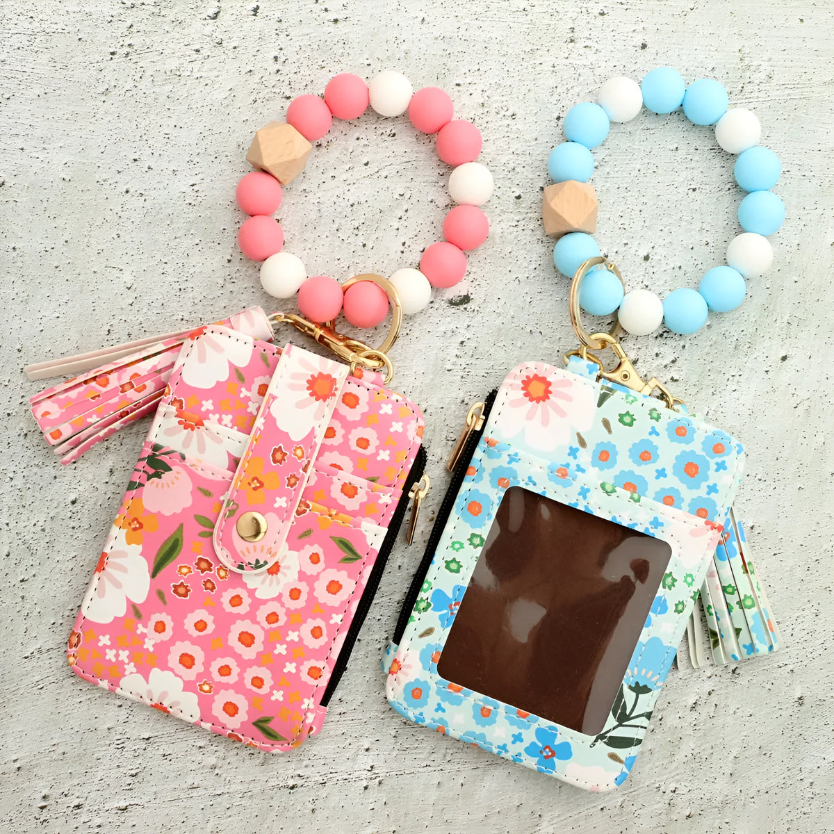 Women's floral print leather card bag in light pink, slim design, nine colour options