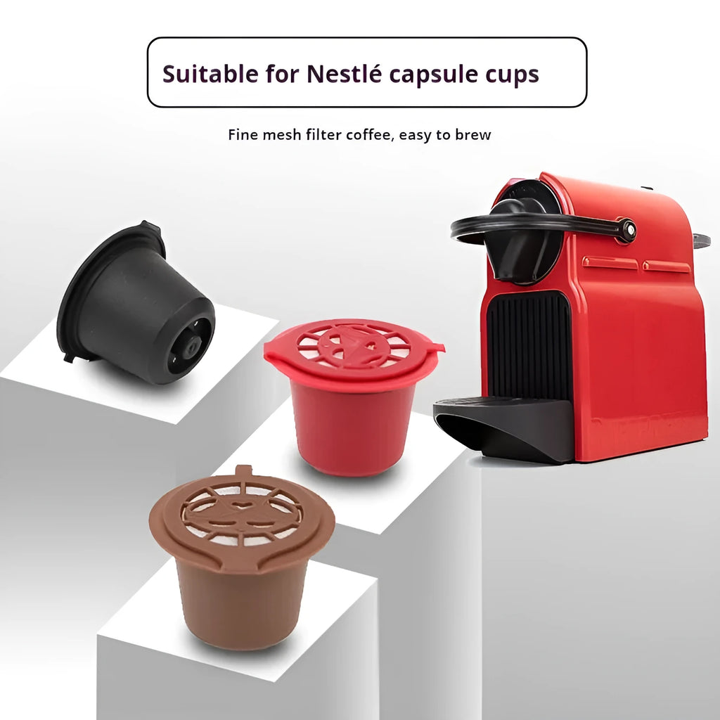Six recyclable coffee shell filter cups in black, brown, and red plastic with a spoon