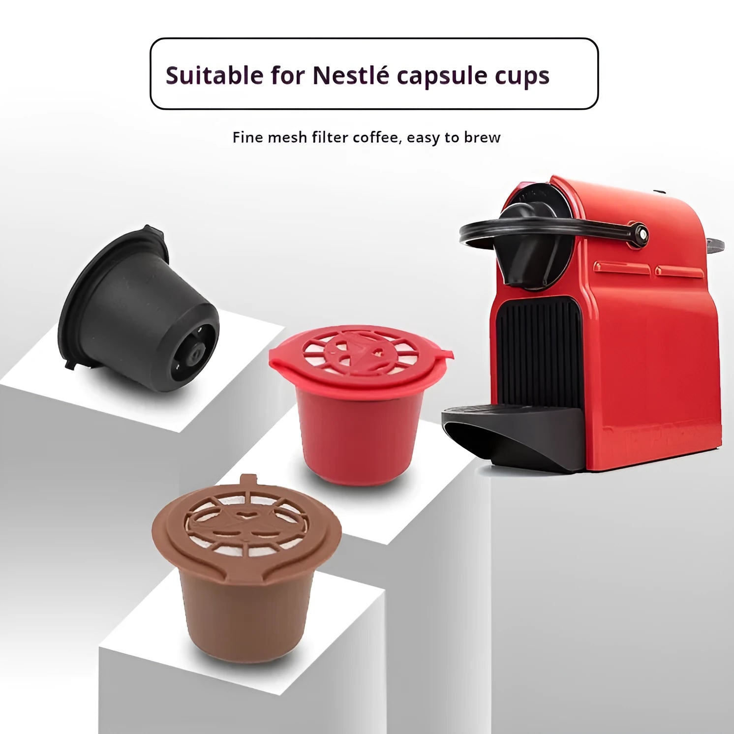 Six recyclable coffee shell filter cups in black, brown, and red plastic with a spoon