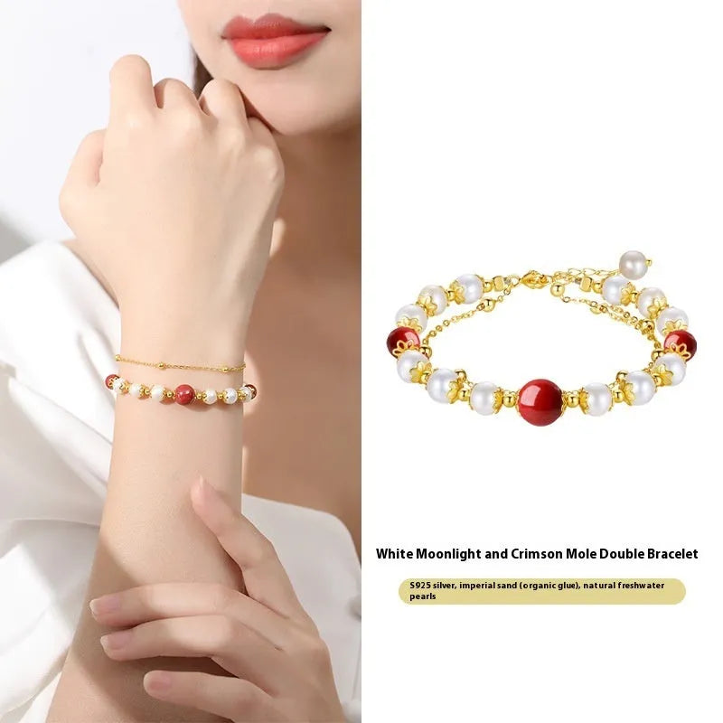 Sterling silver double-layer bracelet with freshwater pearl geometric beans in cinnabar red and white moonlight colours