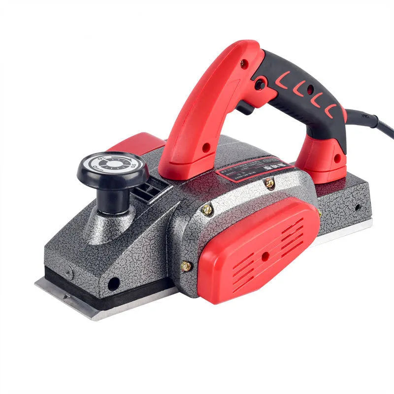 Red aluminium shell electric wood planer tool with 82mm planing width for carpentry work