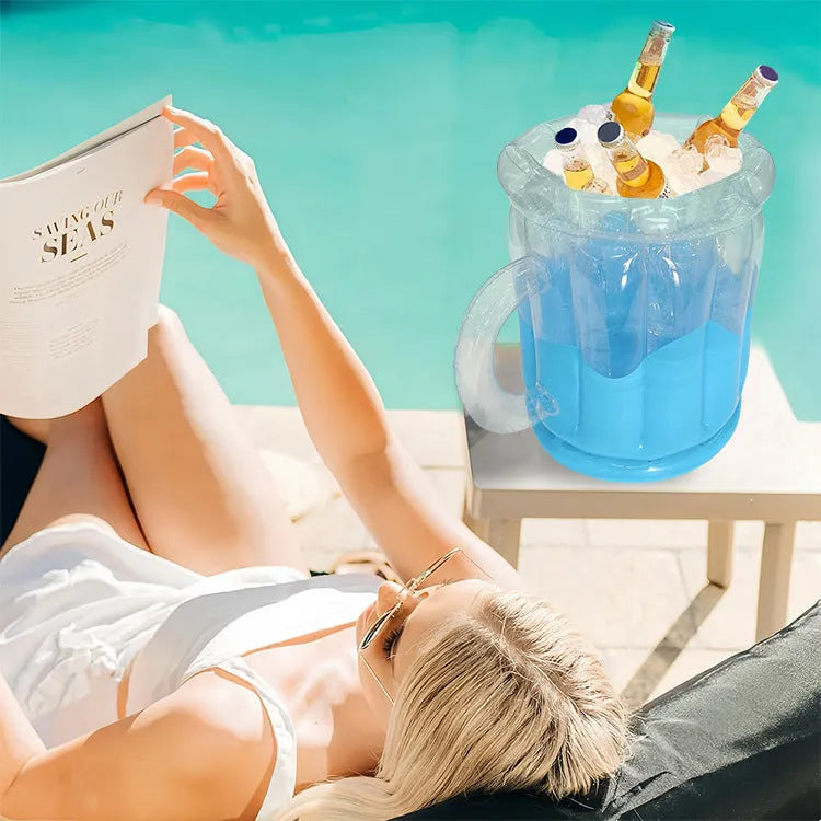 Bright yellow inflatable PVC ice bucket for outdoor drinks, shown inflated and ready for use.