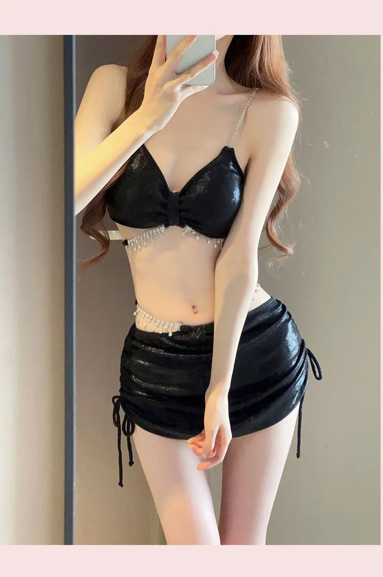 Women's polyester bikini swimsuit set in solid black or pink colour with sizes S M L XL