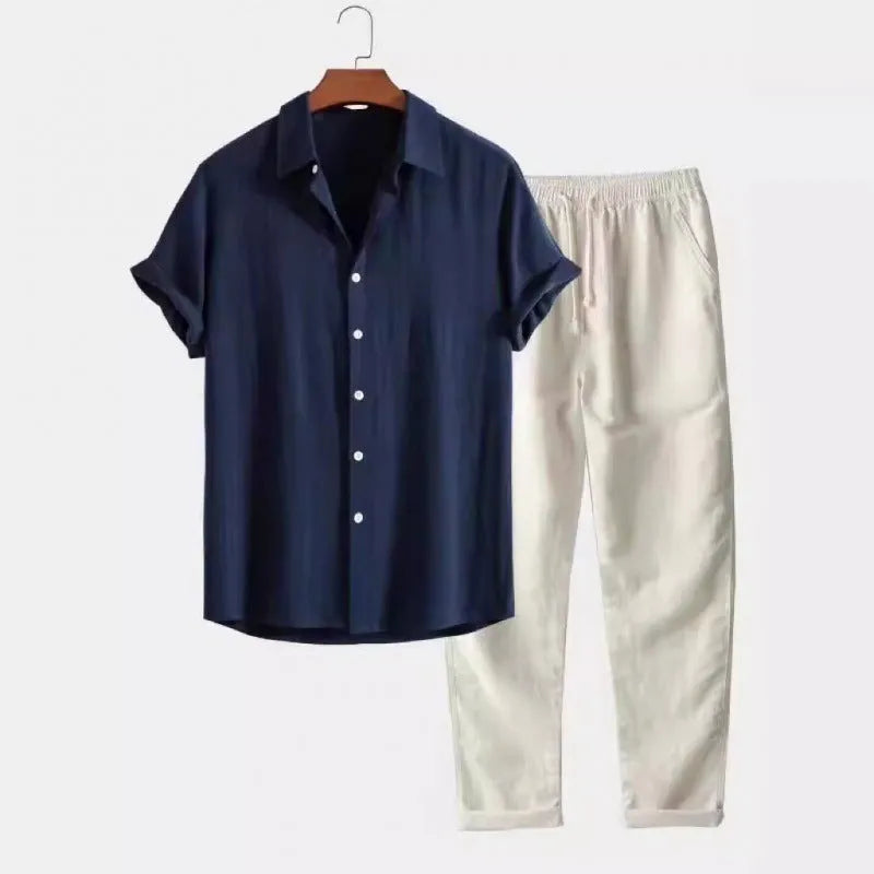 Men's casual loose short sleeve shirt and trousers set in polyester linen fabric shown in multiple colour options