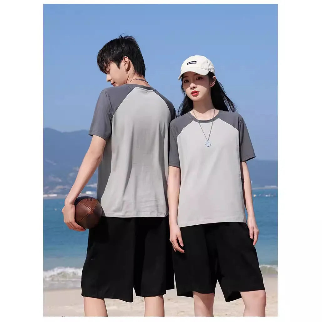 Round neck loose fit cotton blend t-shirt in army green colour on a hanger.